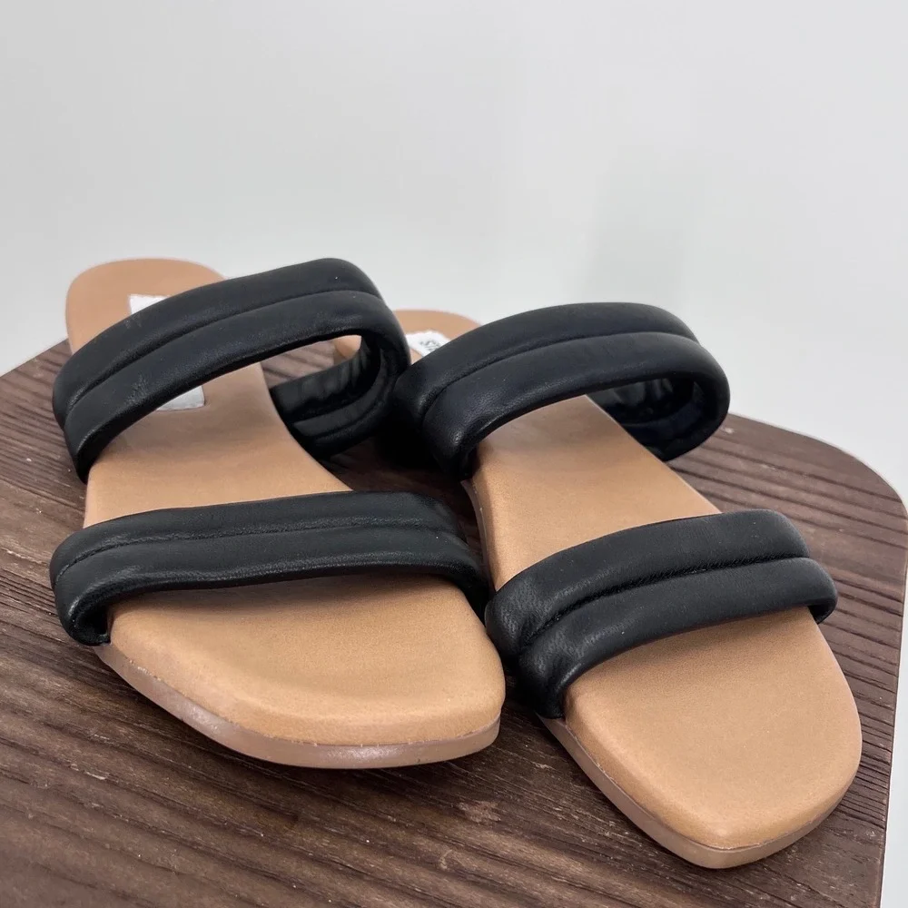 Steve Madden Leather Black‎ Puffy Double Strap Slide Sandals Square Toe Size 9